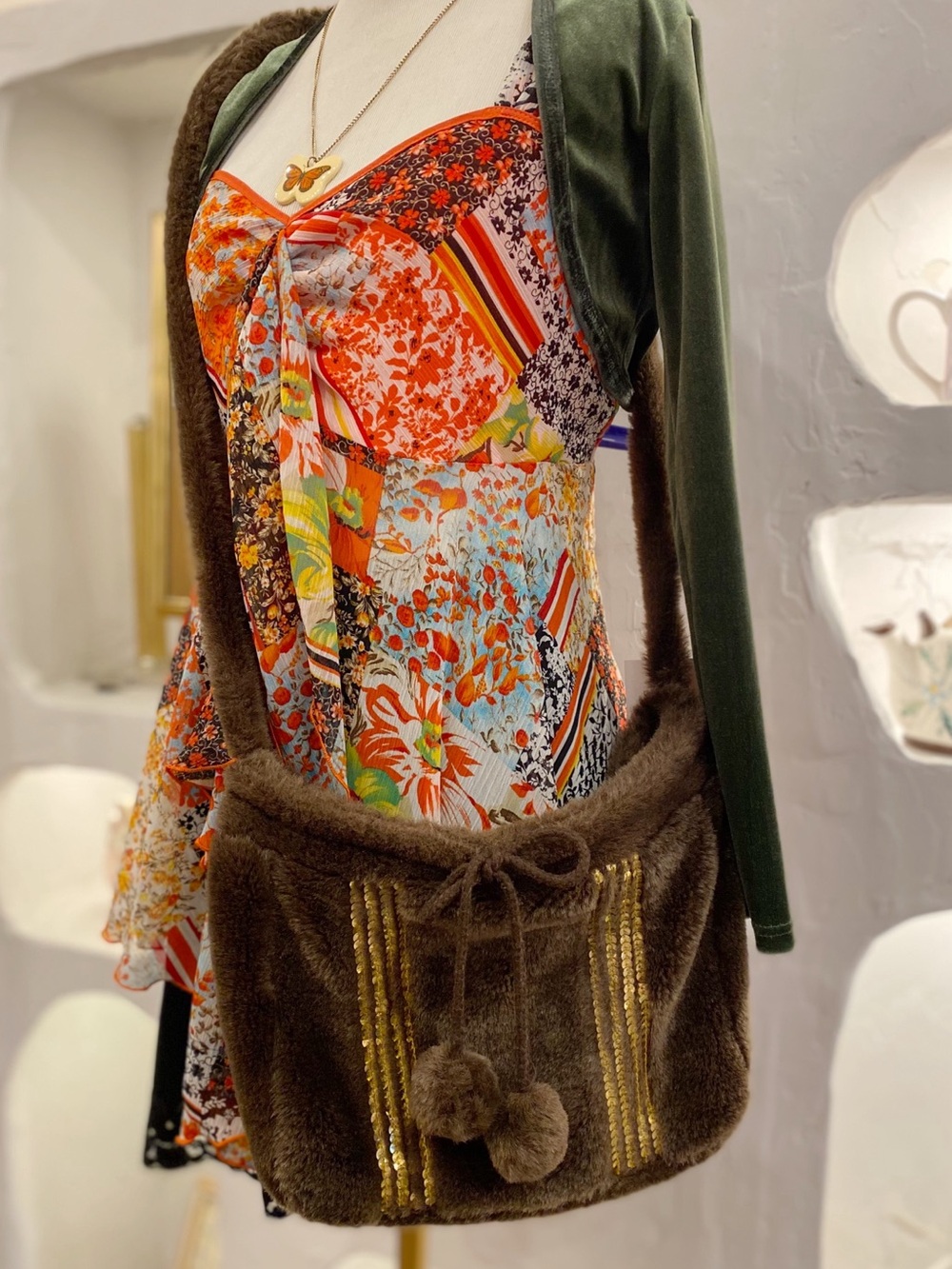 Brown Fuzzy Y2K Faux-Fur Pom Pom Tassel Crossbody Shoulder Bag with Gold Sequins